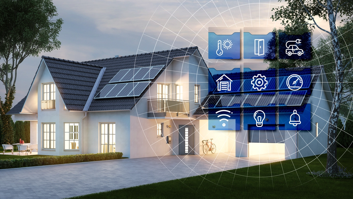 Elektro-Service Unterholzer - Smart Home Automatisierung - Haus mit Garage am Abend mit Smart Home Technologie